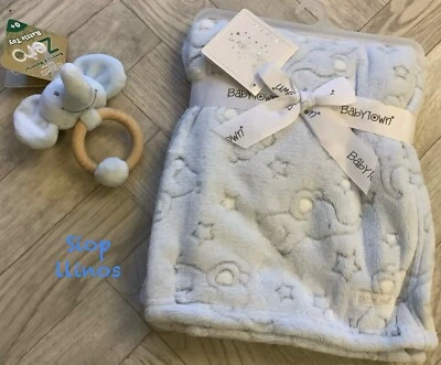 Baby Boy Blue Elephant & Stars Blanket Soft Wrap & Wooden Rattle Toy Gift Set - Image 1 of 4