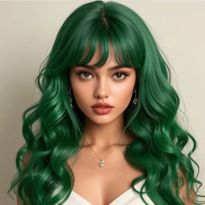 Womens Long Curly Wavy Green Wig with Bangs Synthetid Heat Resistant Halloween C - Picture 1 of 12
