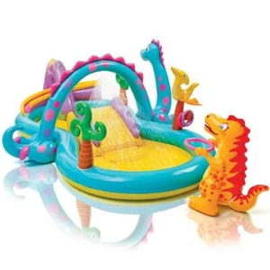 Dinoland Hüpfburg Pool mit Spielhaus Rutsche Schaukel Wasserrutsche INTEX - Bild 1 von 2