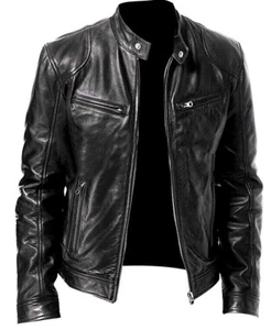 Cafe Racer Biker Leather Jacket Black Genuine Soft Sheep Skin Leather Motorcycle - Picture 1 of 8