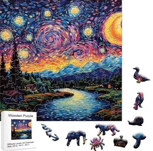 \(°♤°)~ Starry Night Challenging Wooden Jigsaw Puzzle Family Adult Kids Fun A5 - Picture 1 of 4