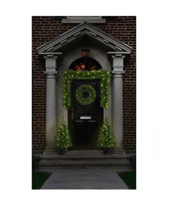 Christmas Door Porch Decoration Set Pre Lit Pine Wreath Garland & Trees On Timer - Picture 1 of 4