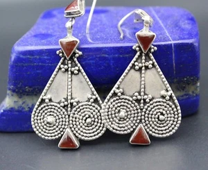 Afghan Gypsy Silver Long Earrings, Carnelian Beads Kuchi Tribal Earrings, - Picture 1 of 6