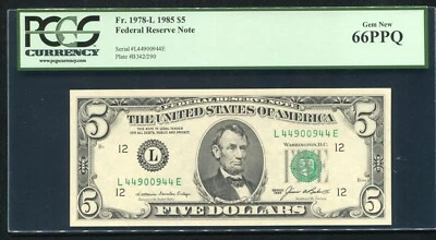 FR 1978-L 1985 $5 FRN “RADAR S/N L44900944E” SAN FRANCISCO,CA PCGS GEM UNC-66PPQ - Image 1 of 2