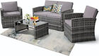 Patiojoy 4pcs Patio Rattan Furniture Set Cushioned Sofa Armrest Table W/ Shelf