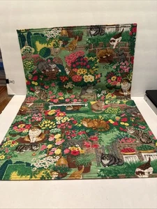 Pair Of Cat Kitten Floral Placemats With Red & White Checkered Back - Picture 1 of 11