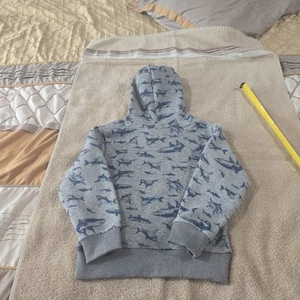 Little Boys Tommy Bahamas Pullover Hoodie. Gray Background With Blue Sharks - Picture 1 of 8