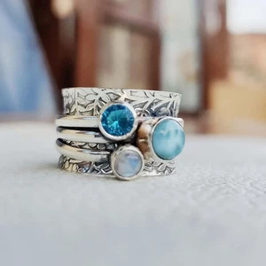 Topazio blu, pietra di luna, anello pietra Larimar, anello in argento sterling 925, tutte le misure - Foto 1 di 12