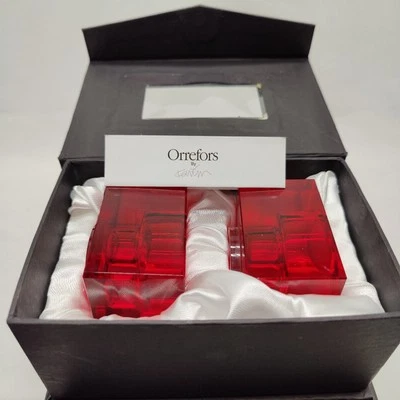 ORREFORS Crystal Candle Stick Set Holders Red Karim Rashid Designer Stacking - Image 1 of 4