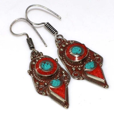Pendientes Tribales Nepalíes Coral Rojo Turquesa Tibetano 2.5" Estético JW Foto 1 de 3