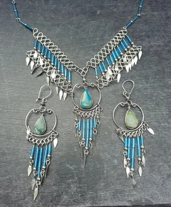 Set collana e orecchini Boho turchese placcato argento di ispirazione tribale - Foto 1 di 5