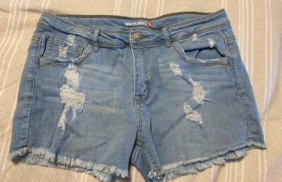 Nine Planet Ladies Size L Distressed Skinny Blue Denim Shorts - Image 1 of 3