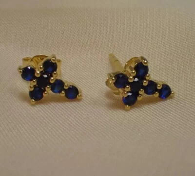 Round Cut Simulated Sapphire Tiny Cross Earring Stud in 14k Yellow Gold Plated - Image 1 of 4