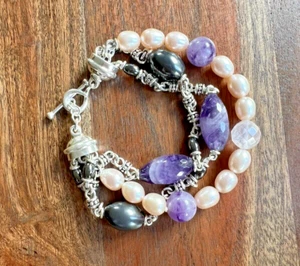 Michael Dawkins Sterling Silver Pink Pear & Gemstone 3 Strand Bracelet - Picture 1 of 6