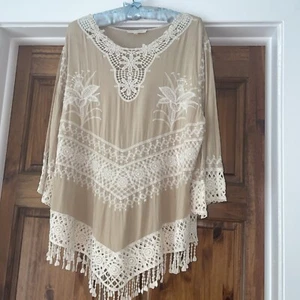 Camicetta solitario Anthropologie taglia L beige ricamata floreale uncinetto boho fata - Foto 1 di 7