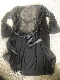 Victoria&rsquo;s Secret XS/S Women Black Satin Lace Robe Tie Front Sexy Kimono T2