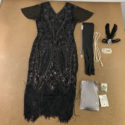 女式小号黑色银色亮片条纹飘逸连衣裙和配件套装 9 件 — 第 1/4 张图片