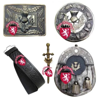 HOUSE OF SCOTLAND Schottisches Kilt Outfit Full Dress Sporran mit Lederdistel Gürtelschnalle, Pin