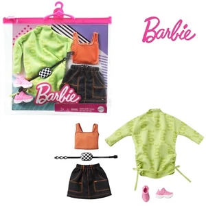 BARBIE DOLL 2 FASHION PACK - GREEN LOVE DRESS & ORANGE TANK WITH BLACK SKIRT