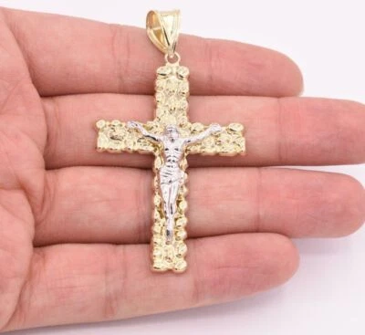 2 3/4» большой самородок текстурированный крест распятие подвеска реальный 10K желтое белое золото - Изображение 1 из 4