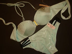 NWT Victoria's Secret 32B BIKINI BLUE foiled crystallized S bottom jeweled GOLD - Picture 1 of 3