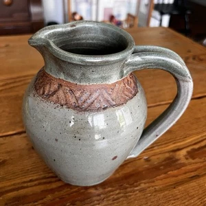 Studio Art Pottery Pitcher Signed Clay 6.75" Earthenware Salt Glaze Texture Band - Picture 1 of 10