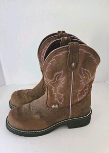 Justin Gypsy BOOTS Cowgirl Womans Steel Toe 7.5 B Pink Brown Nonslip - Picture 1 of 7