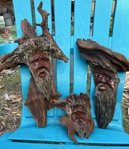 3 Wood Spirit Carving Old Man of the Woods Sculpture Folk Tree Forest Art Beared - Picture 1 of 23