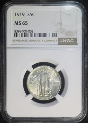 1919 P Standing Liberty Quarter NGC MS65 Gem BU Lustrous Well Struck Coin - Image 1 of 2