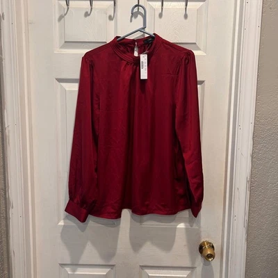 NUEVO CON ETIQUETAS J Crew Cuello Simulado Plisado Manga Larga Blusa Camisa Top Mujeres Borgoña Talla L Foto 1 de 4