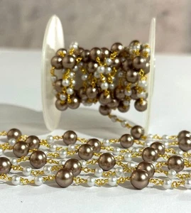 8 mm braune Muschelperle & 4 mm weiße Perle Rosenkranz Kette vergoldet Draht umwickelt - Bild 1 von 9