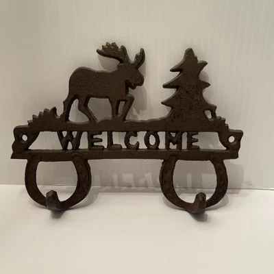 Metal Wall Hook Welcome Moose Pine Tree Horseshoe Rustic Cabin Key Towel Holder - Image 1 of 4