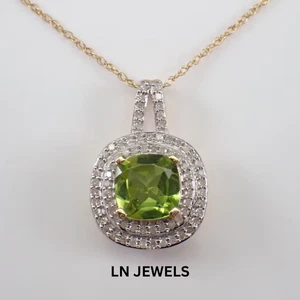 1.50Ct Cushion Cut Simulated Peridot Halo Pendant 14K White Gold Plated 18 Chain - Picture 1 of 7