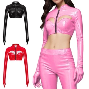 Top corto metálico brillante para mujeres en el pecho con cremallera frontal hueca para ropa de club nocturno - Imagen 1 de 33