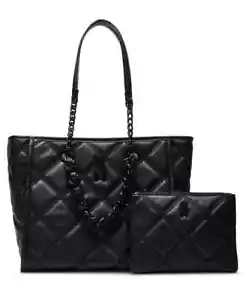Steve Madden Katt Faux Leather Quilted Tote with Pouch Women's Black Zip Closure - Picture 1 of 20