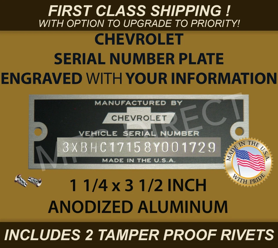 SERIAL NUMBER CHEVY ID TAG CHEVROLET DOOR DATA  PLATE CUSTOM IDENTIFICATION USA - Image 1 of 1
