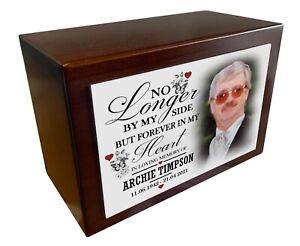 Wooden urn for human or pet cremation ashes, Personalised photo display urn.