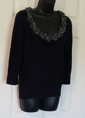 PER UNA sz 16 Navy Pullover Sweater 3/4 Slev Fabric Floral Neckline a20 w18 h18 - Image 1 of 4