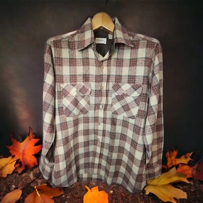 Arrow Shirt Plaid Button Up Adult Medium M Wool Blend Long Sleeve Beige Red VTG - Image 1 of 4