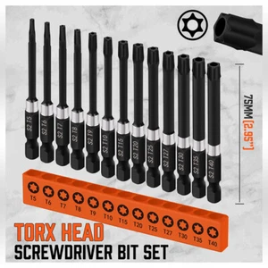 13PCS Magnetic Torx Screwdriver Bit T5-T40 HEX Star Head Temper Proof S2 Steel - Picture 1 of 7