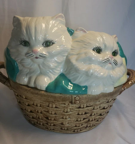 Vintage Large Ceramic Cats in a Basket Storage with Lid Persian Hand Painted Cover