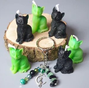 BLACK & GREEN Magic CAT Spell Candles. Set Of 6 with a Gemstone Keyring - Picture 1 of 9