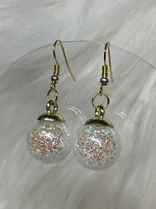 Christmas Holiday Mini White Holo Glitter Glass Ball Ornament Earrings FAST SHIP - Picture 1 of 5