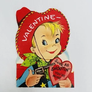 VTG Valentines Card Cowboy Gun Red Hat Blonde Hair Bandana Sure Shootin Unused - Picture 1 of 4