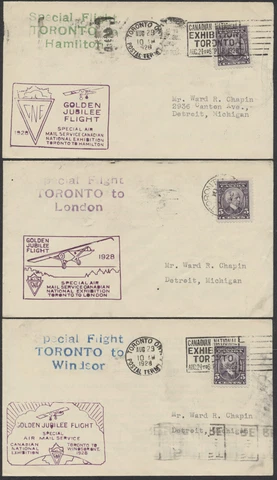 1928 Canada Lot of 3 CNE Special Flight Covers to Hamilton London Windsor #2839d Cover