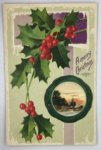 Postcard Merry Christmas Snow village Poinsettias I16 - Bild 1 von 2