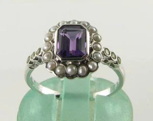 SUFFRAGETTE 9K 9CT WHITE GOLD AMETHYST PEARL PERIDOT ART DECO INS RING FREE SIZE - Picture 1 of 5