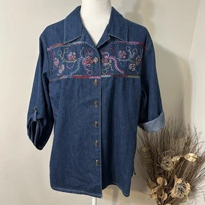 Napa Valley Women Button Up Denim Shirt Jacket Blue Floral Embroidered Sz 1X - Picture 1 of 7