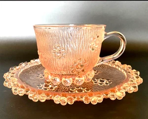Vtg Pink Depression Glass Tea Cup & Saucer spoon Bubble Rim Aderia flower Japan - Picture 1 of 8