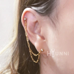 20g, 16g Rectangle helix double chain cartilage ear studs, Long chain earrings - Picture 1 of 7